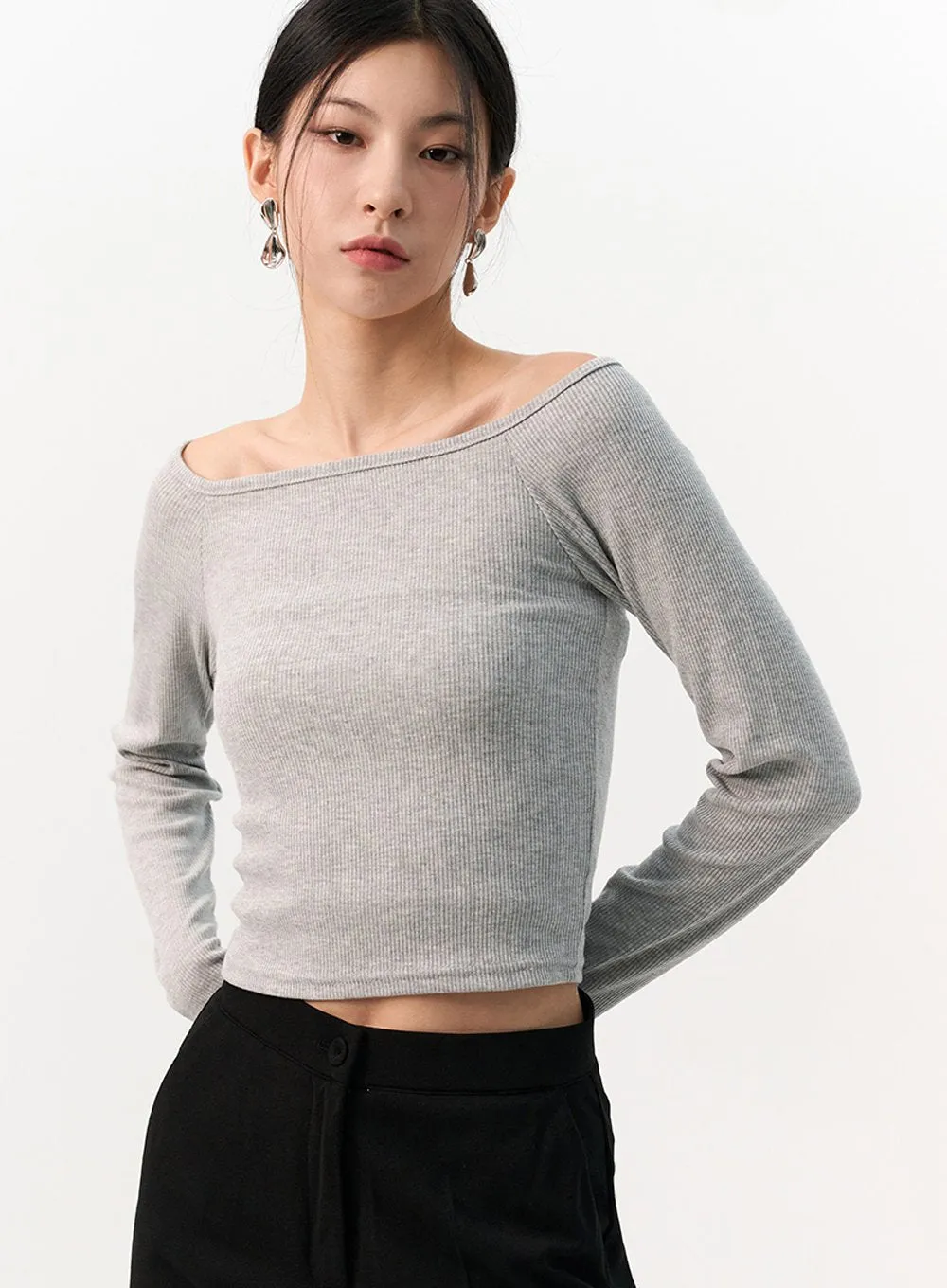 Boat Neck Rib Long Sleeve Top IO320 sold by Lewkin