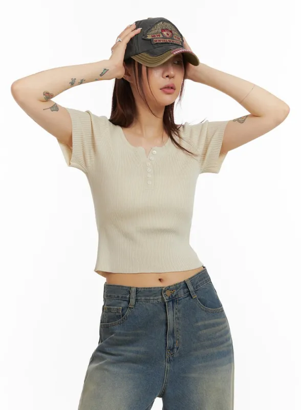 Button U Neck Ribbed Crop Knit Top IY410 sold by Lewkin