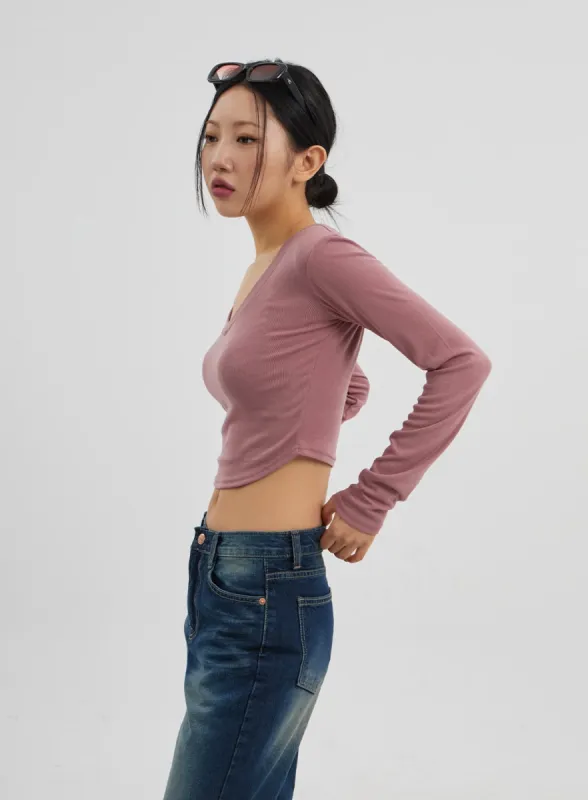 Scoop Neck Long Sleeve Cropped Top CJ319 sold by Lewkin