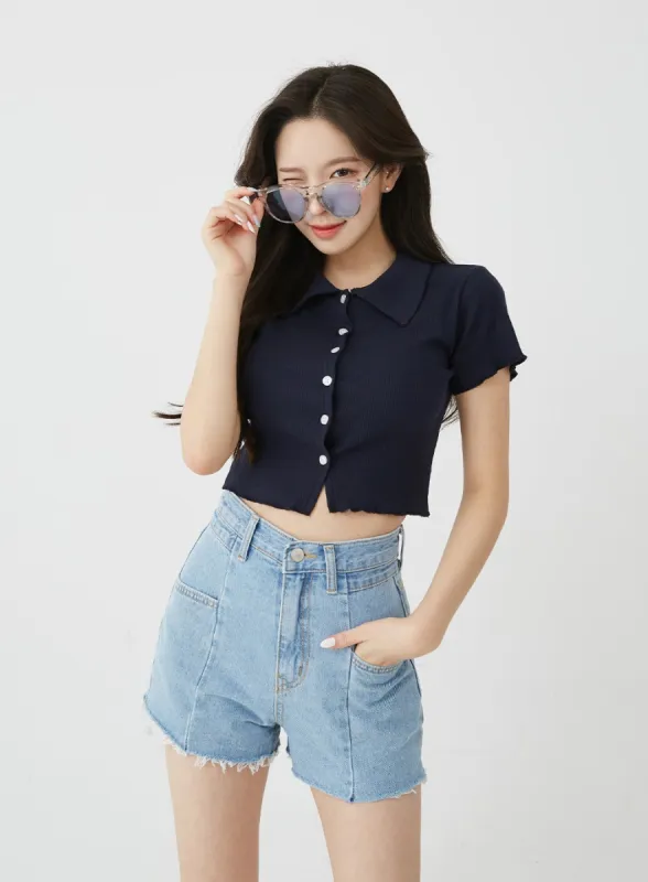 Ribbed Collared Crop Cardigan BU7 sold by Lewkin