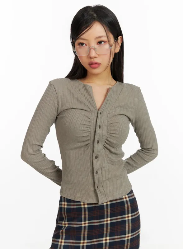 V-Neck Shirred Buttoned Top CF408 sold by Lewkin