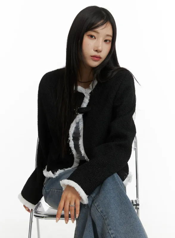 Buckled Fuzzy Fringe Tweed Jacket CF401 sold by Lewkin