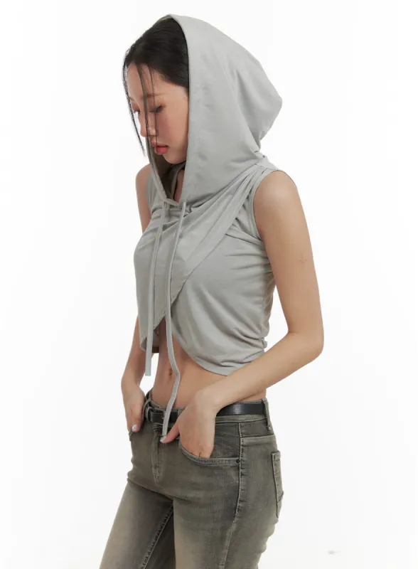 Unbalanced Wrap Sleeveless Cropped Hoodie CA416 sold by Lewkin