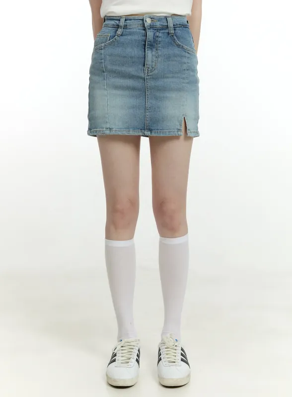 Slit Washed Denim Mini Skirt CL426 sold by Lewkin