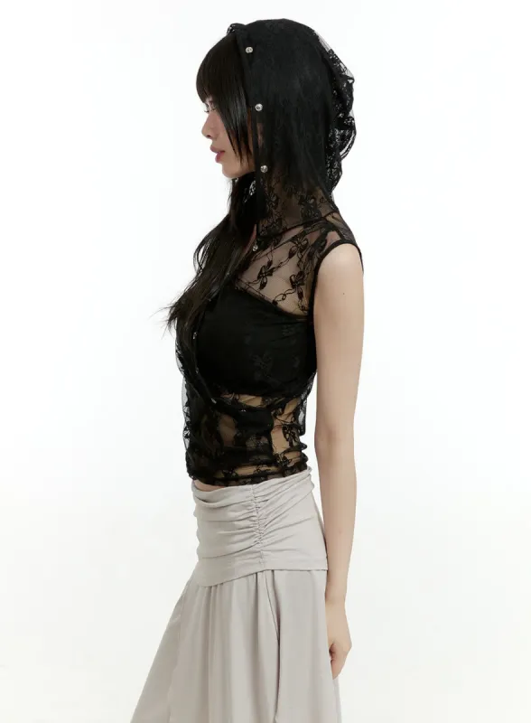 See-Through Buttoned Sleeveless Hoodie Top CL426 sold by Lewkin