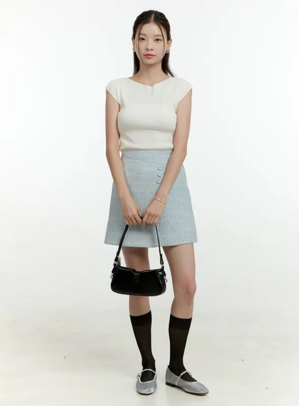 Tweed Unbalanced Buttoned Mini Skirt OL422 sold by Lewkin