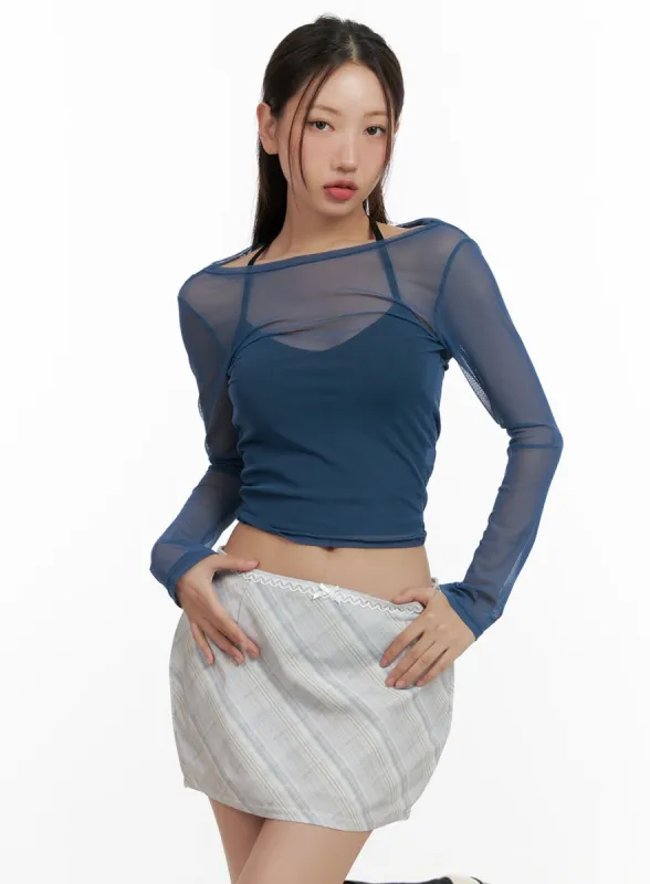 Sheer Boat Neck Long Sleeve Crop Top CL431 sold by Lewkin