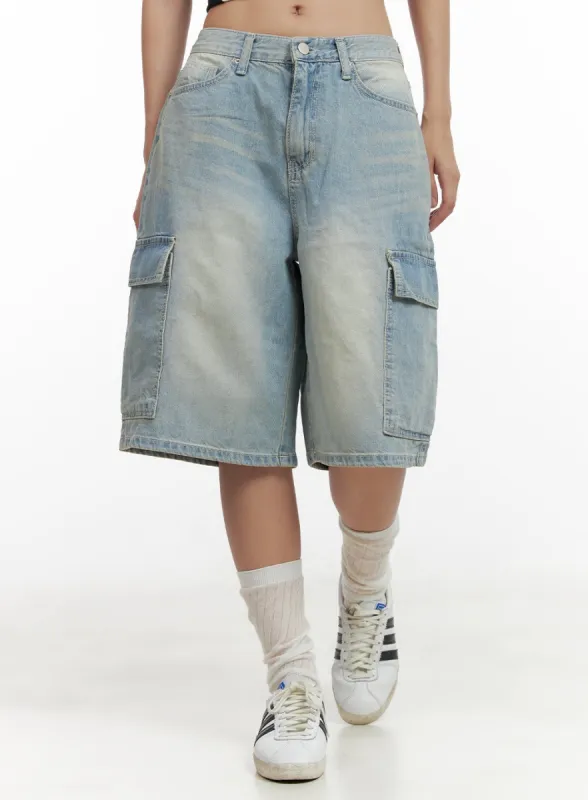 【KOOLOSET】Salt Washed Bermuda Cargo Denim mnml | Baggy Distressed Cargo Shorts - Washed Khaki | Shorts