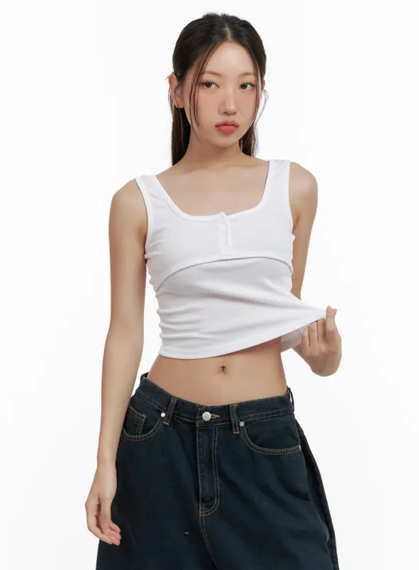 Square Neck Buttoned Crop Tank Top CL431 sold by Lewkin