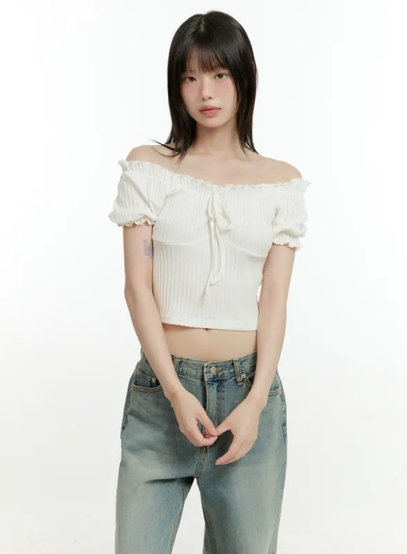 Ribbon Frill Lace Off Shoulder Crop Top CG401 sold by Lewkin