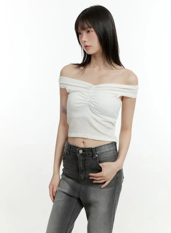 Shirred Off Shoulder Crop Top CG401 sold by Lewkin