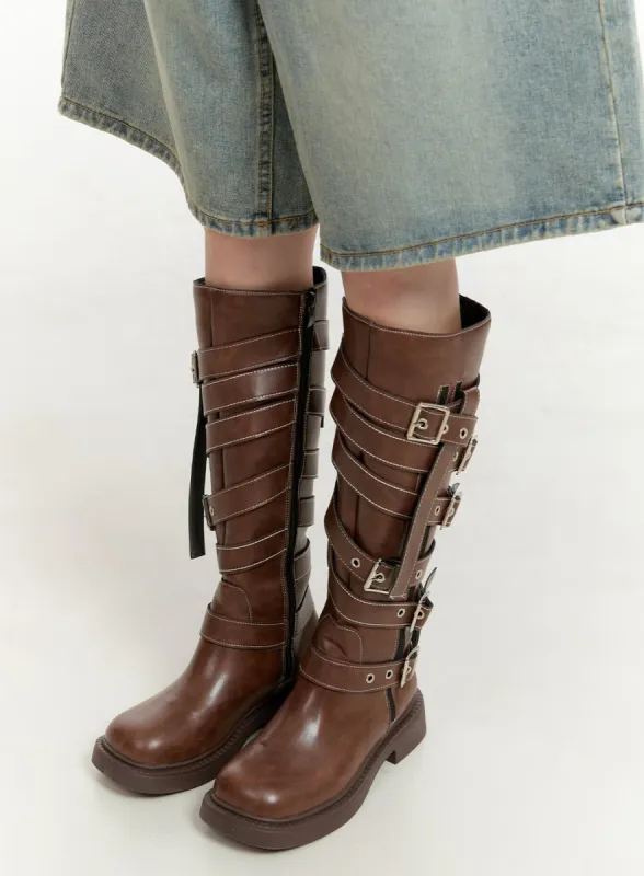 Buckle Strap Faux Leather Long Boots CG401 sold by Lewkin