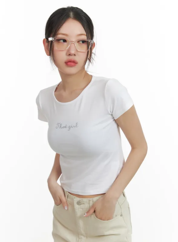 Rhinestone Cropped Tee OA419 sold by Lewkin