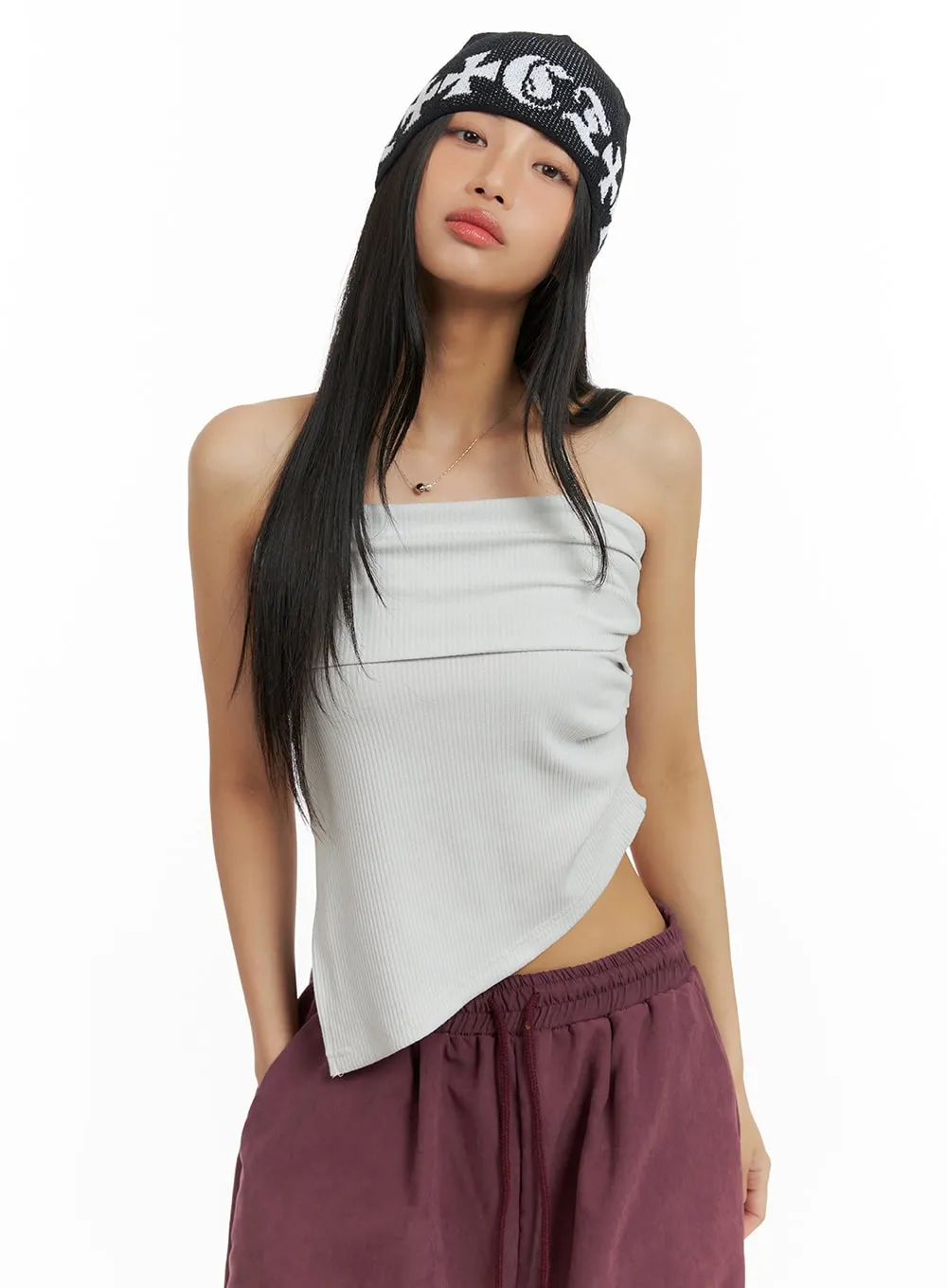 Solid Roll Hem Shirred Tube Top CA424 sold by Lewkin