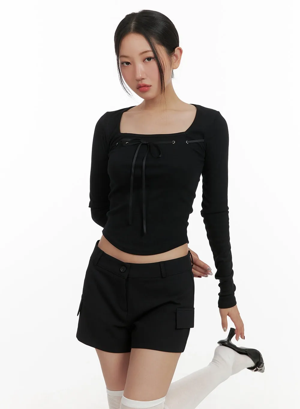 Ribbon Square Neck Crop Long Sleeve CY403 sold by Lewkin product image thumbnail 3