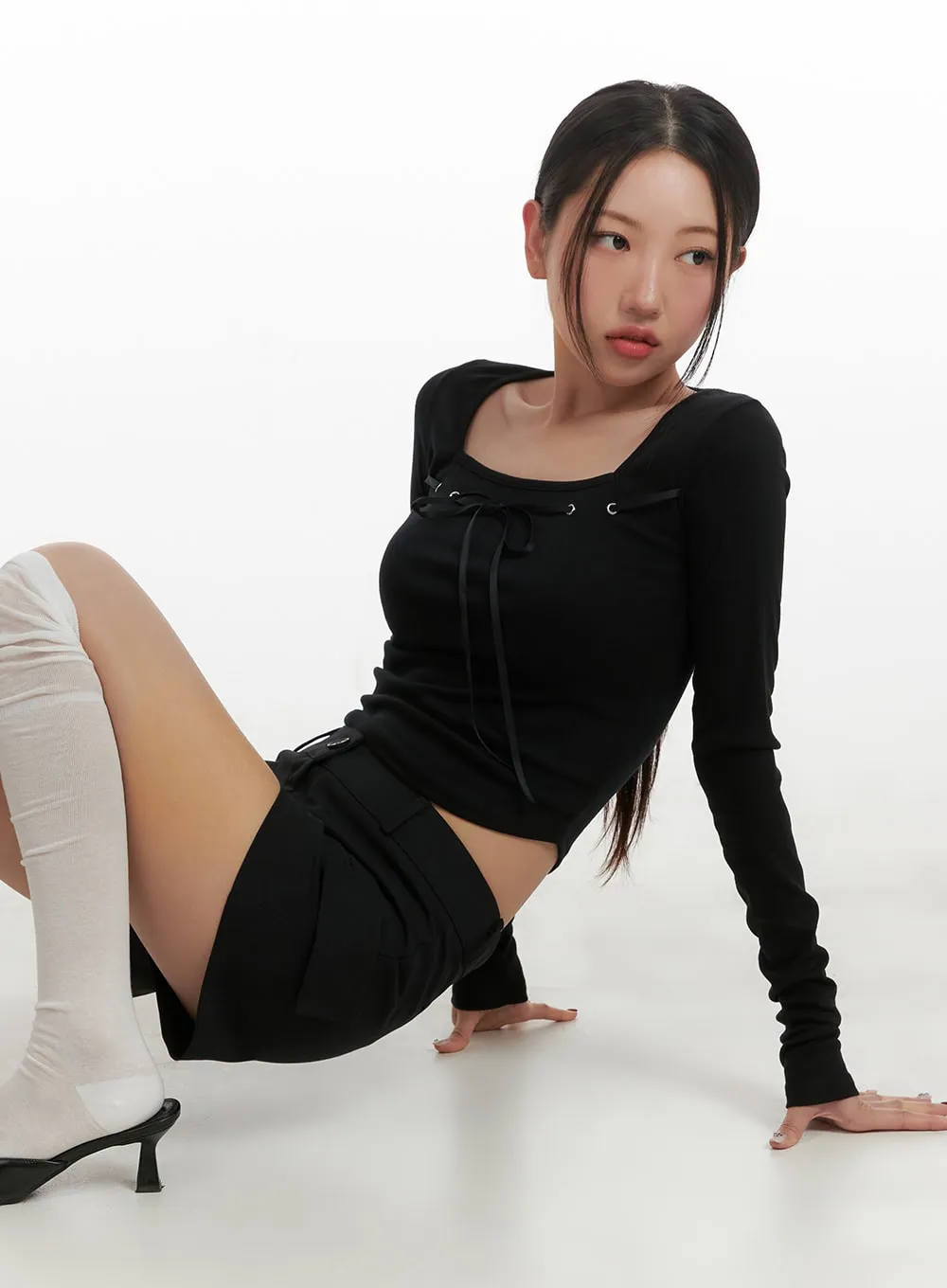 Ribbon Square Neck Crop Long Sleeve CY403 sold by Lewkin