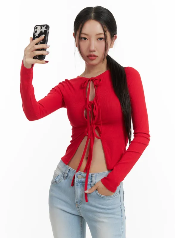 Ribbon Cut-Out Crop Cardigan CY403 sold by Lewkin