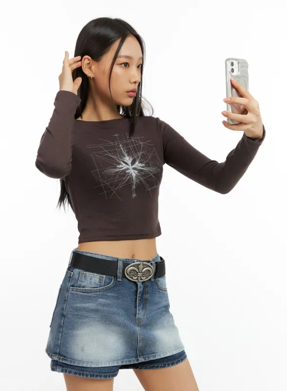 Graphic Slim Fit Long Sleeve Crop Top IG405 sold by Lewkin