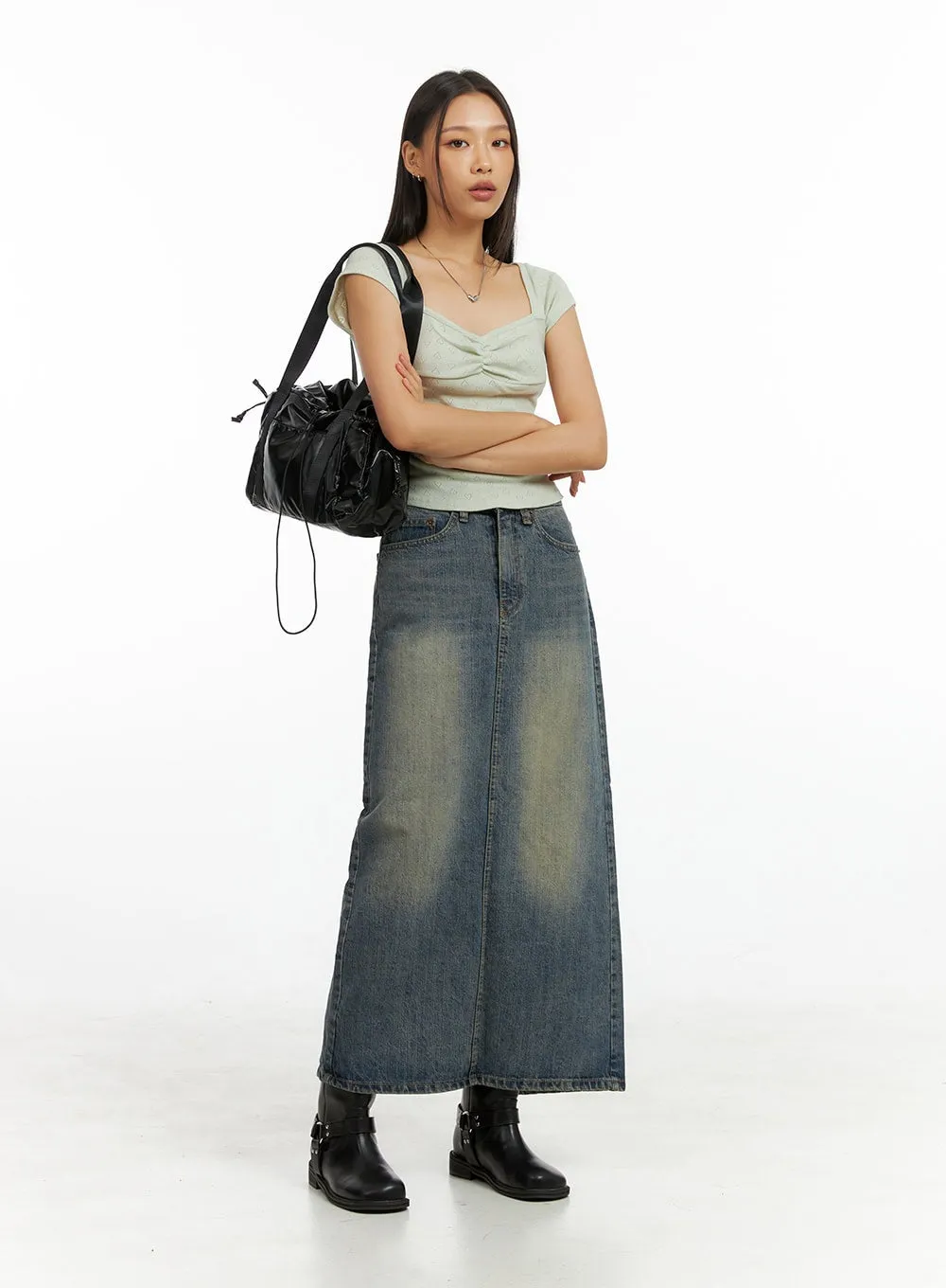 Washed Denim Maxi Skirt IG405 sold by Lewkin