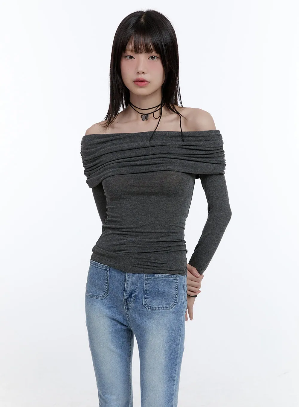Long Sleeve Off-Shoulder Slim Top CG412 sold by Lewkin