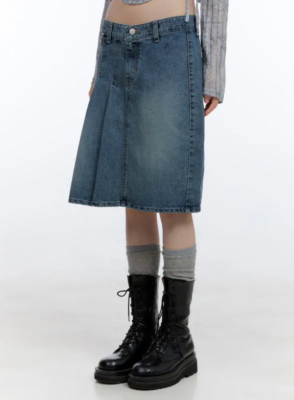 Asymmetrical Pleated Washed Midi Denim Skirt CG412 sold by Lewkin