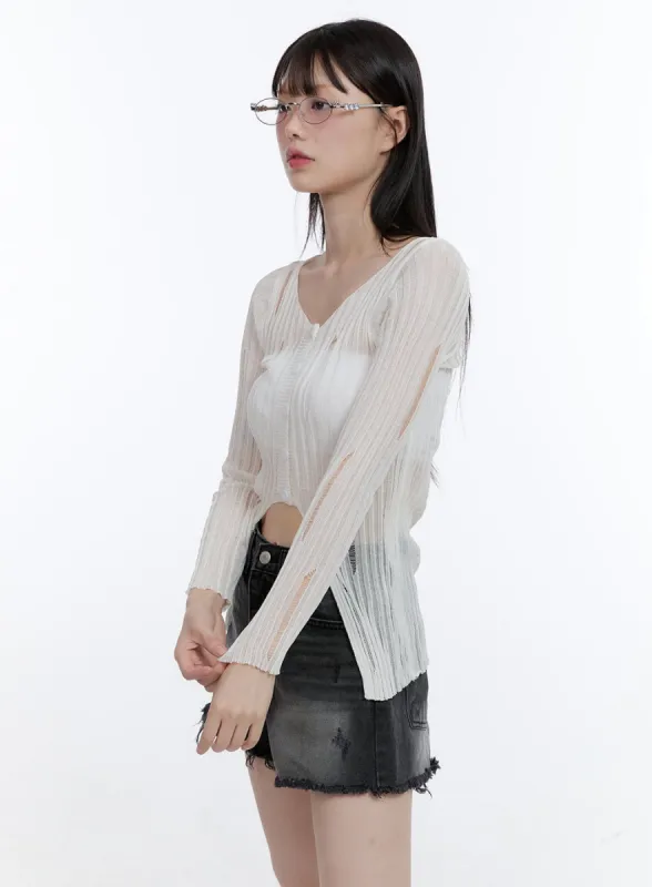 Buttoned V-Neck See-Through Top CG412 sold by Lewkin