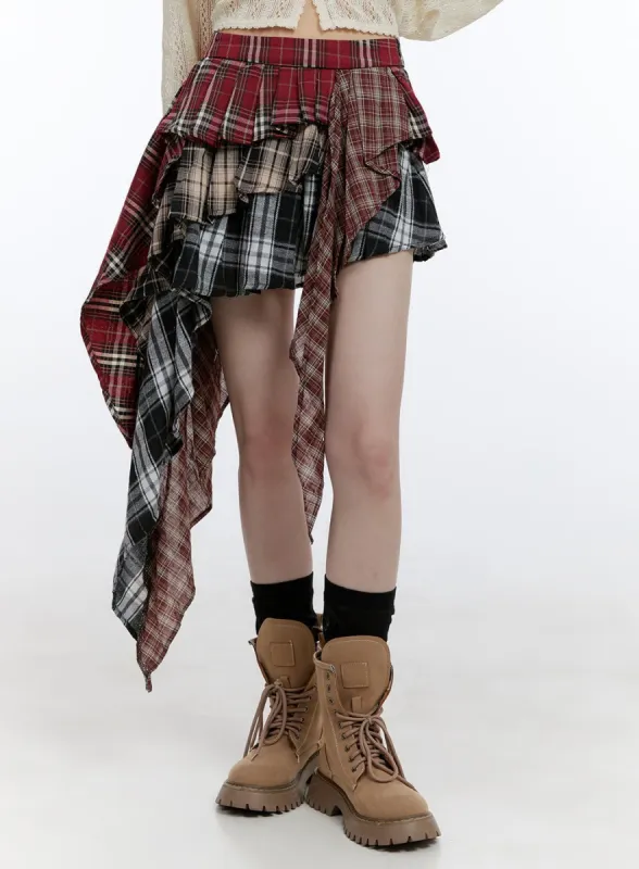 Asymmetrical Ruffle Checkered Mini Skirt CG412 sold by Lewkin
