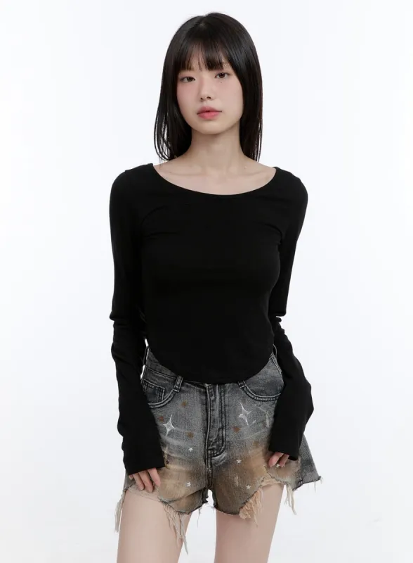 Boat Neck Solid Long Sleeve Crop Top CG413 sold by Lewkin