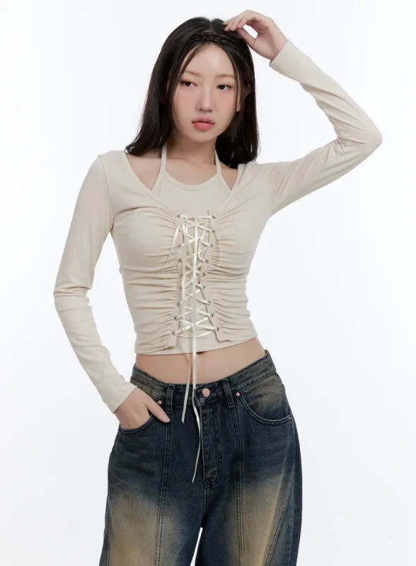 Lace-Up Halter Neck Crop Top CG413 sold by Lewkin