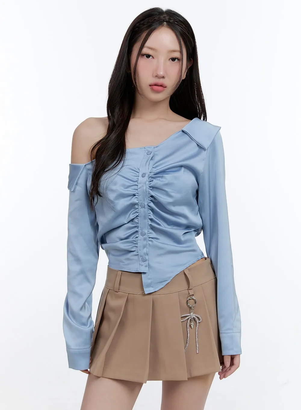 Shirred Satin One-Shoulder Crop Top CG413 sold by Lewkin product image thumbnail 3