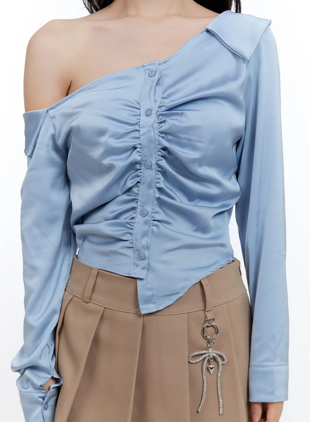 Shirred Satin One-Shoulder Crop Top CG413 sold by Lewkin product image thumbnail 4