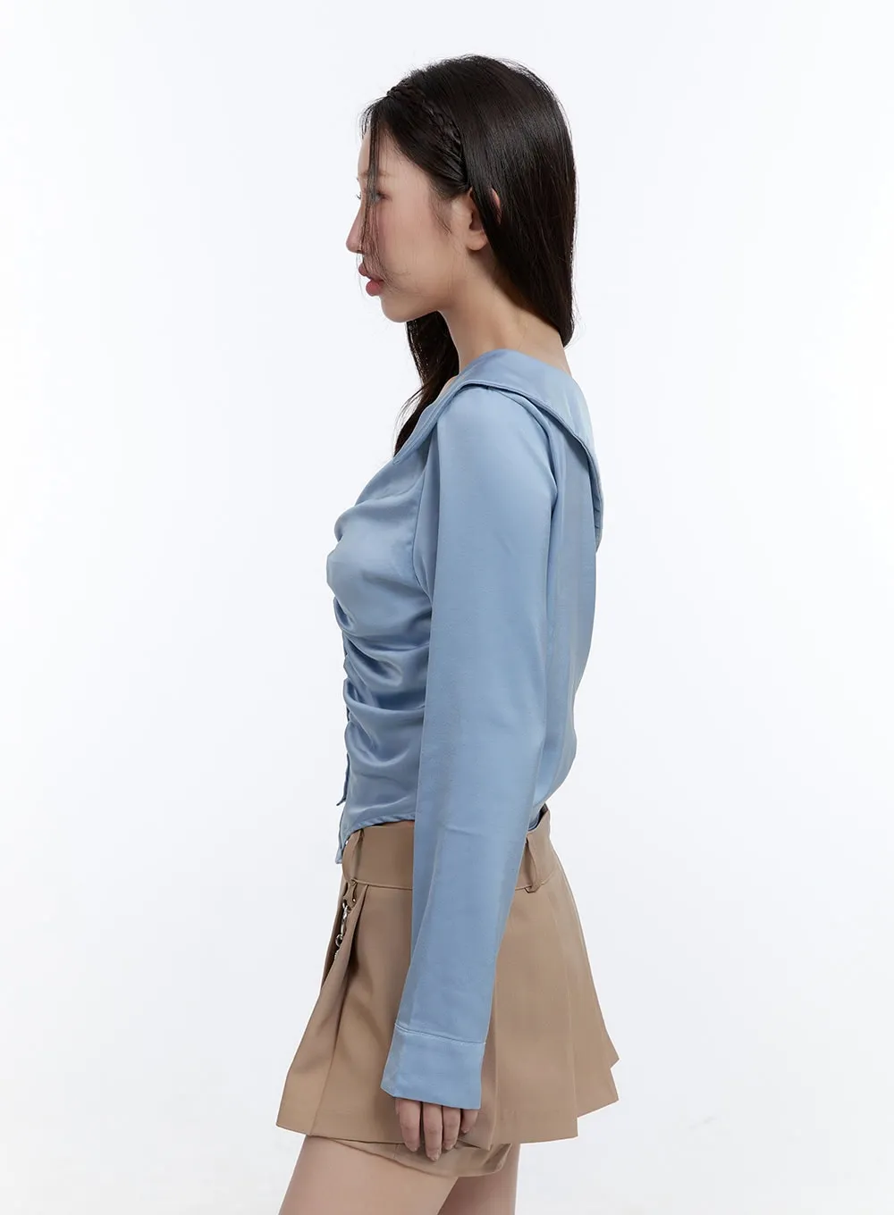 Shirred Satin One-Shoulder Crop Top CG413 sold by Lewkin product image thumbnail 5