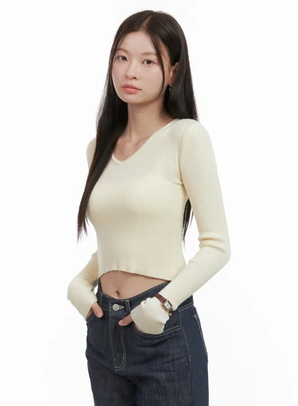 V-Neck Slim Crop Long Sleeve Top OG416 sold by Lewkin