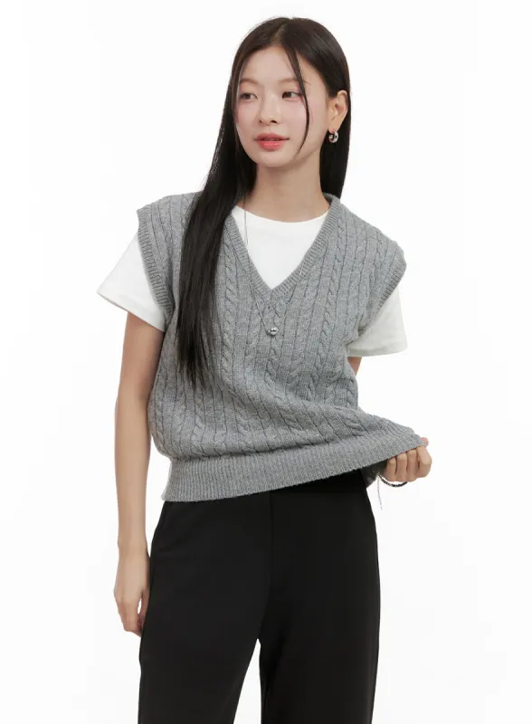 Cable Knit Sleeveless V-Neck Vest OG416 sold by Lewkin
