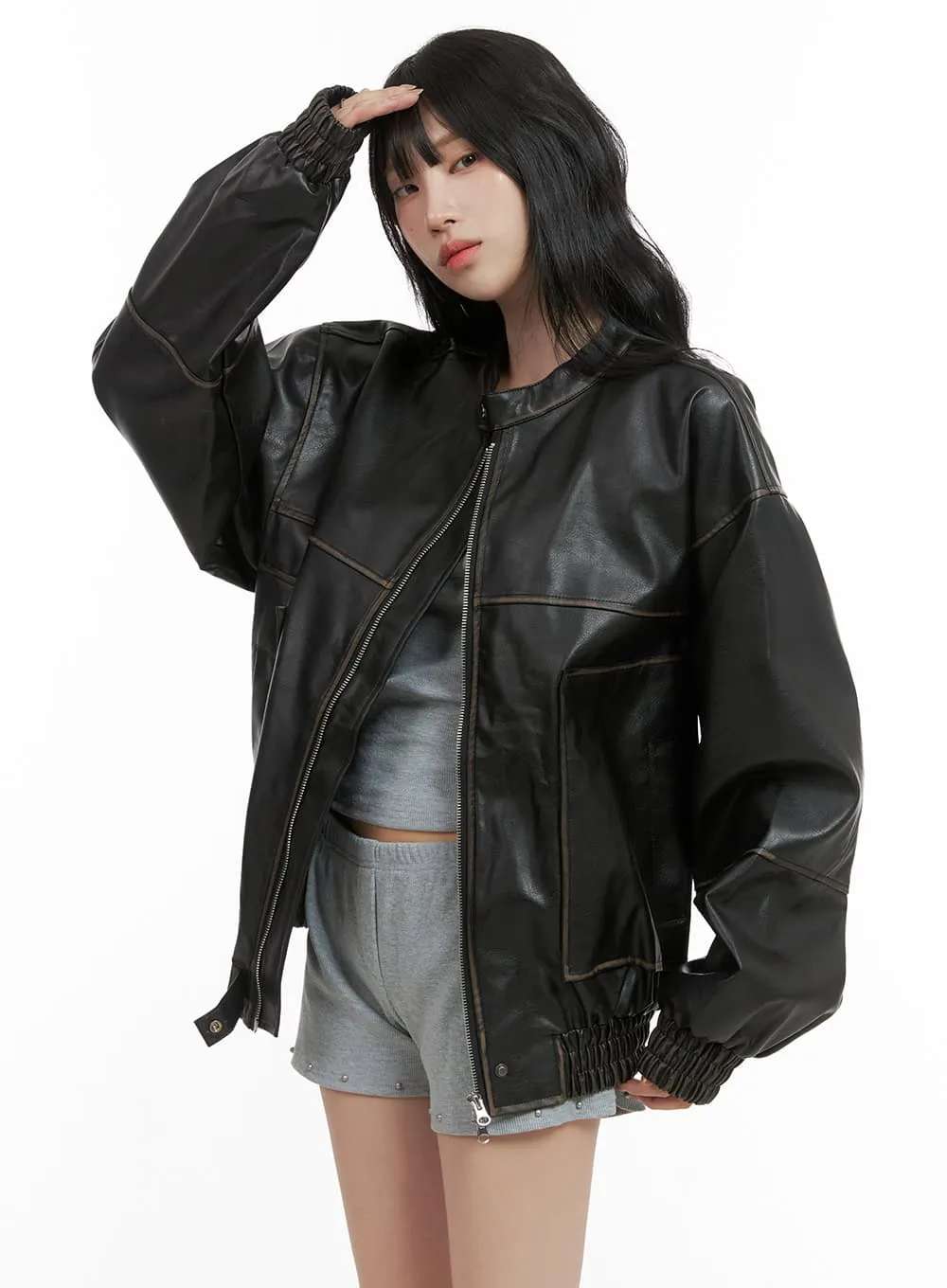 Oversized Faux Leather Bomber Jacket (UNISEX) CG420 sold by Lewkin