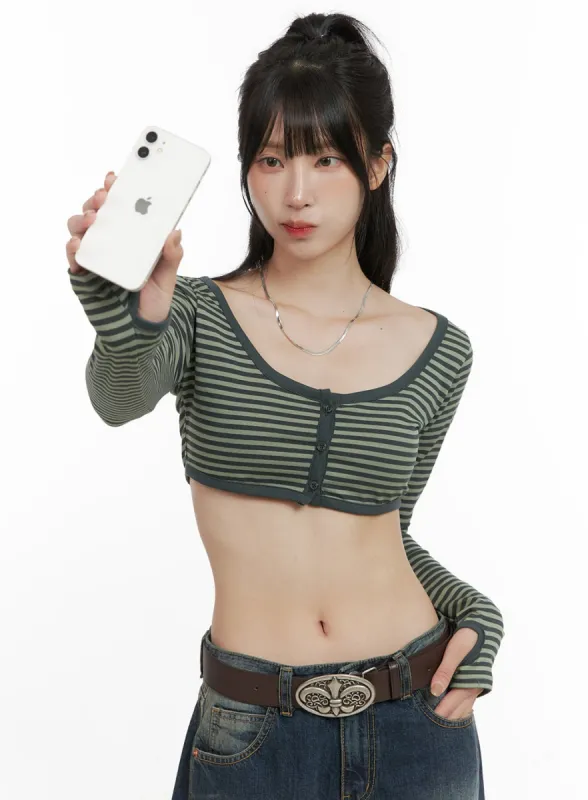 Stripe Buttoned U-Neck Crop Top CG420 sold by Lewkin