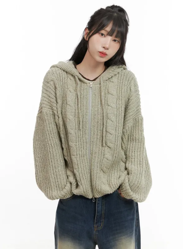 Oversized Cable Knit Zip-Up Hooded Sweater CG421 sold by Lewkin