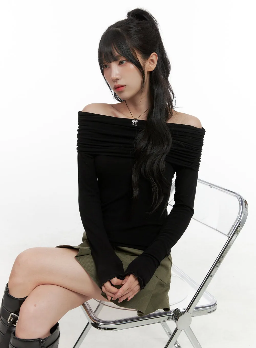 Off Shoulder Shirred Long Sleeve Top CG421 sold by Lewkin