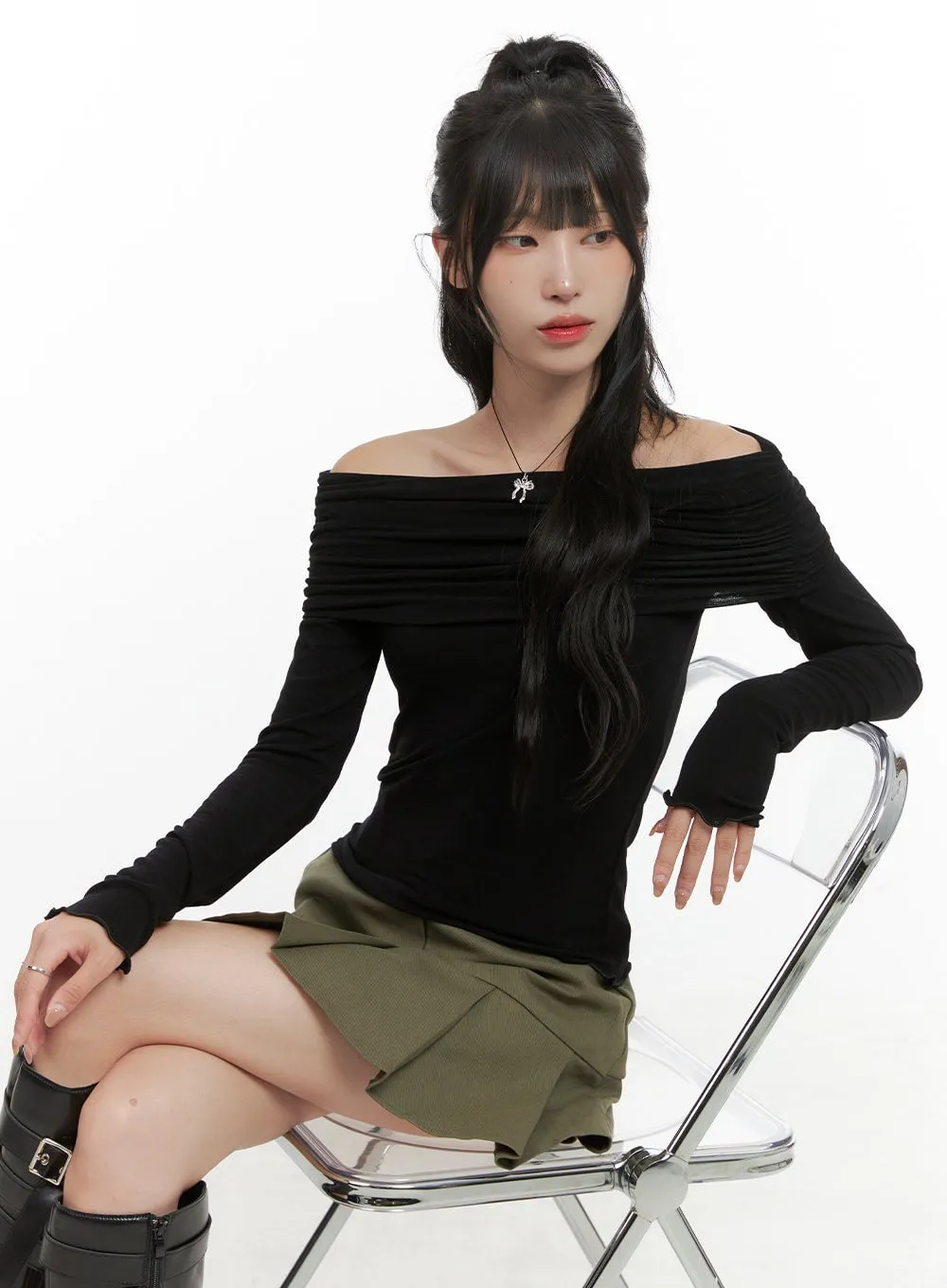 Off Shoulder Shirred Long Sleeve Top CG421 sold by Lewkin product image thumbnail 3