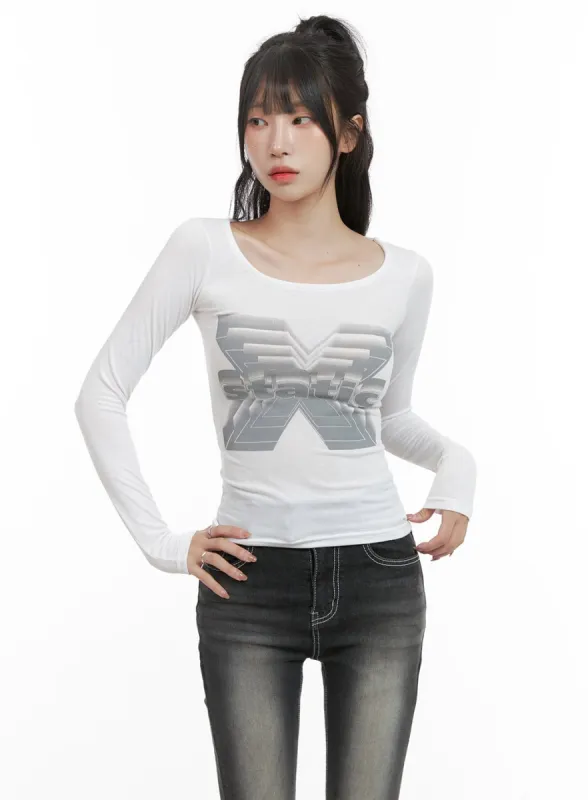 Graphic U-Neck Long Sleeve Top CG421 sold by Lewkin