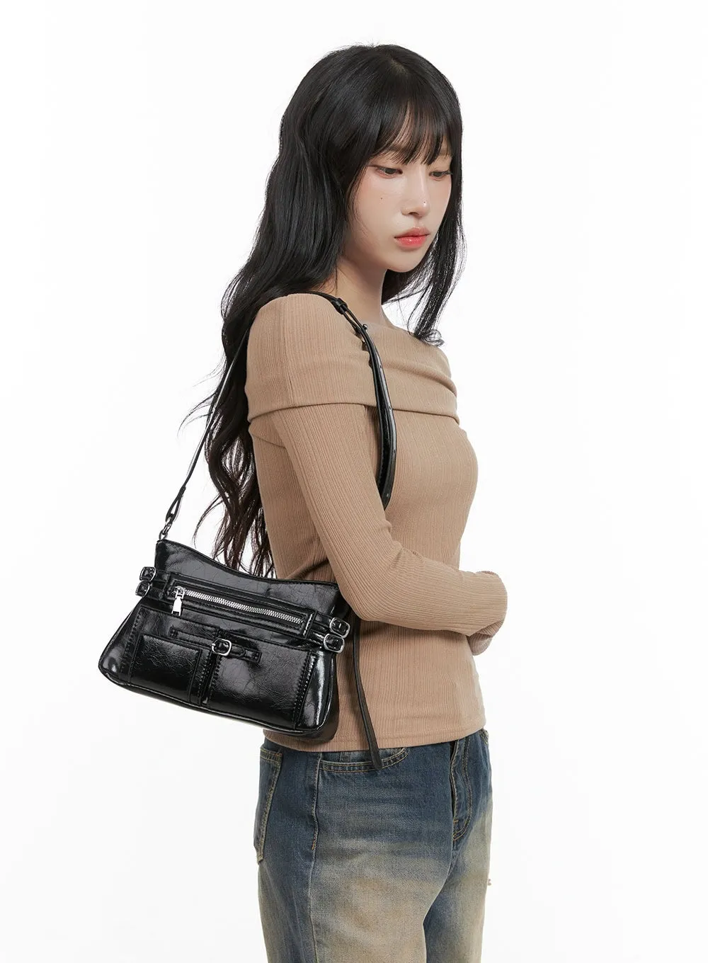 Buckled Zipper Faux Leather Shoulder Bag CG421 sold by Lewkin product image thumbnail 2