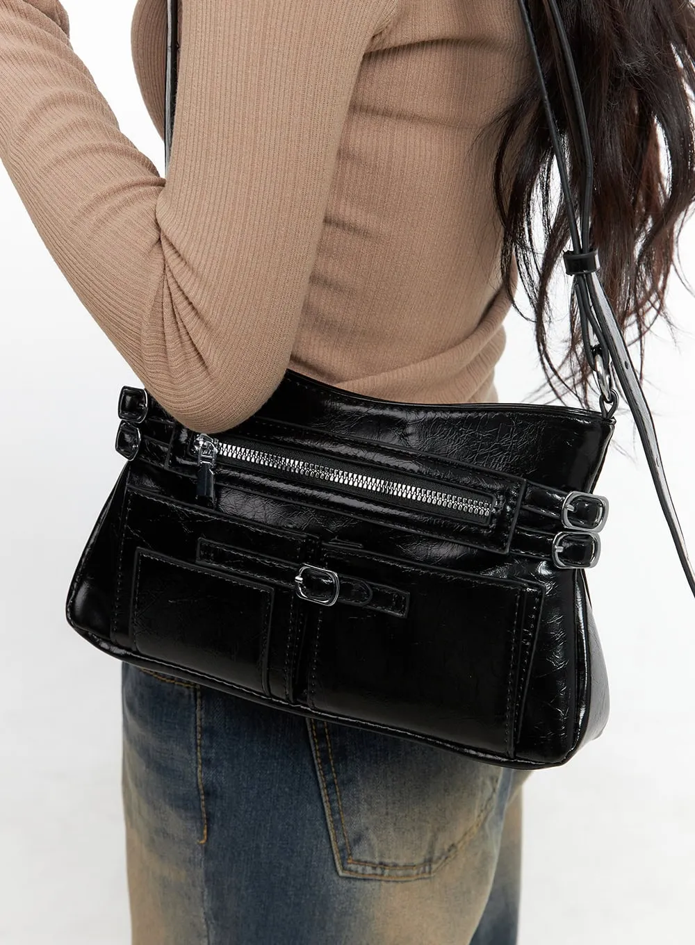 Buckled Zipper Faux Leather Shoulder Bag CG421 sold by Lewkin