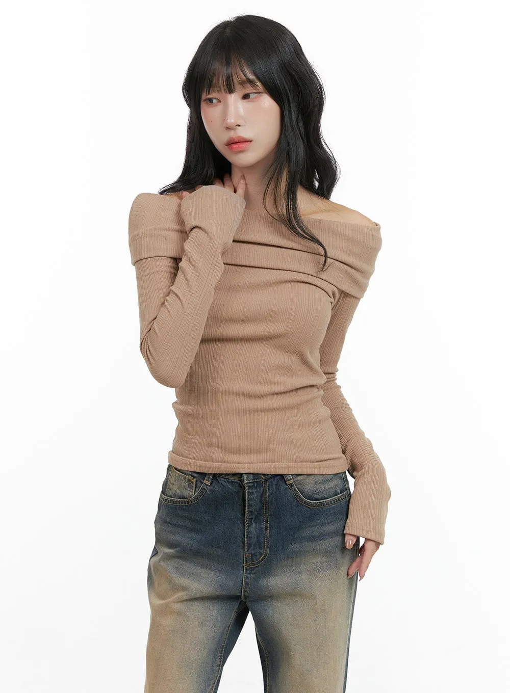 Slim Off-Shoulder Long Sleeve Top CG421 sold by Lewkin