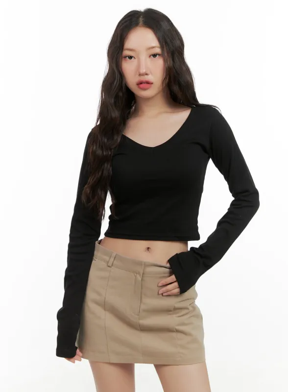 Cotton V-Neck Crop Long Sleeve Top CG422 sold by Lewkin