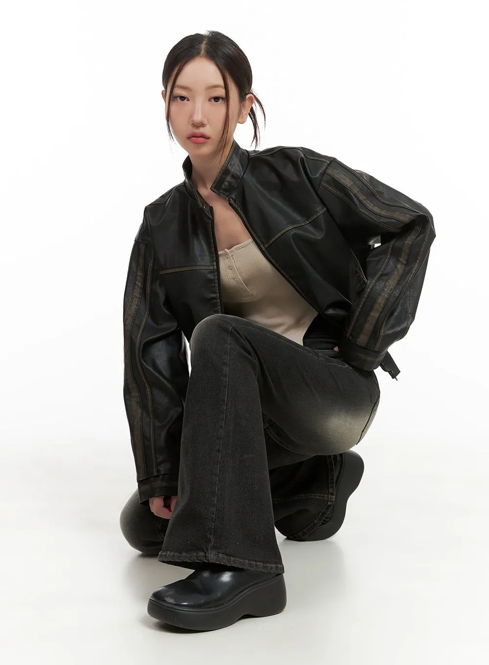 Crop Zip-Up Washed Faux Leather Jacket CG422 sold by Lewkin