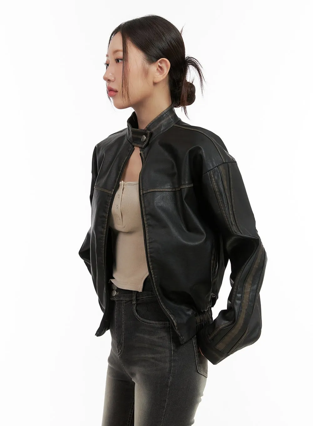 Crop Zip-Up Washed Faux Leather Jacket CG422 sold by Lewkin product image thumbnail 5