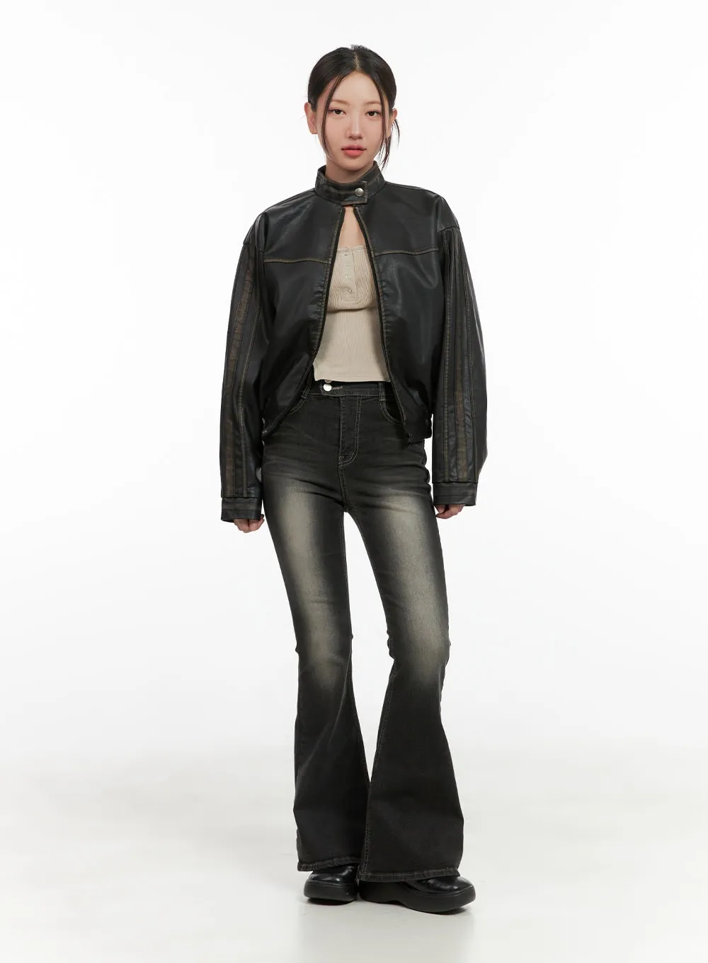 Crop Zip-Up Washed Faux Leather Jacket CG422 sold by Lewkin product image thumbnail 2