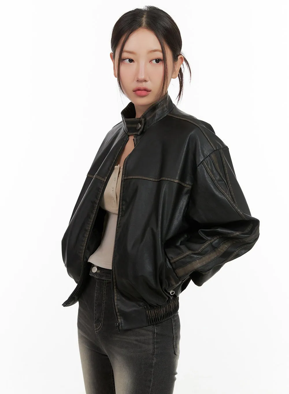 Crop Zip-Up Washed Faux Leather Jacket CG422 sold by Lewkin product image thumbnail 3