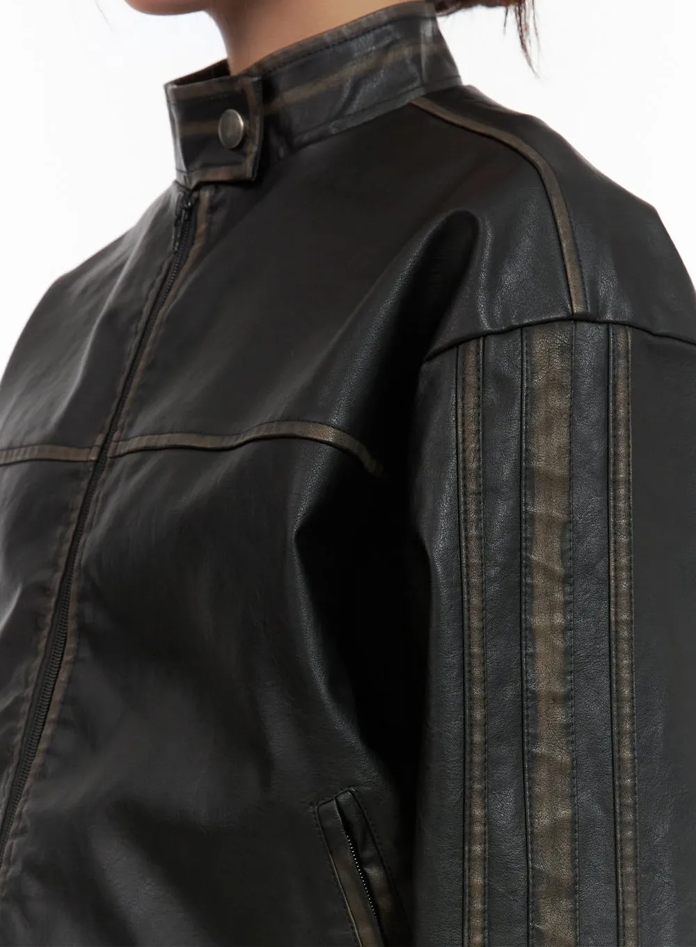 Crop Zip-Up Washed Faux Leather Jacket CG422 sold by Lewkin product image thumbnail 4