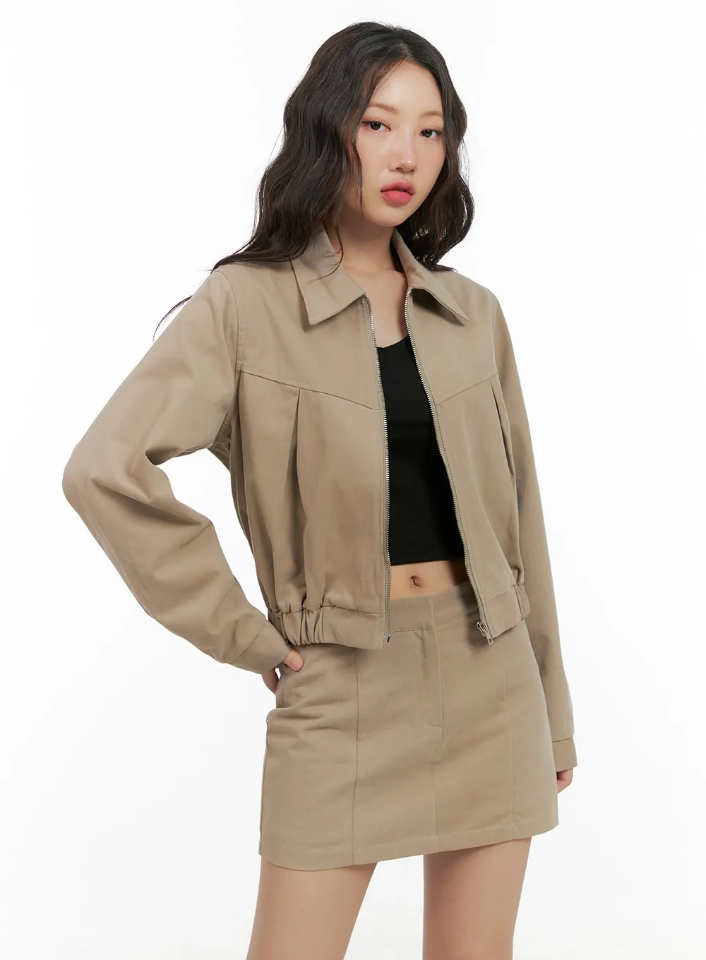 Solid Cotton Zip-Up Collar Jacket CG422 sold by Lewkin